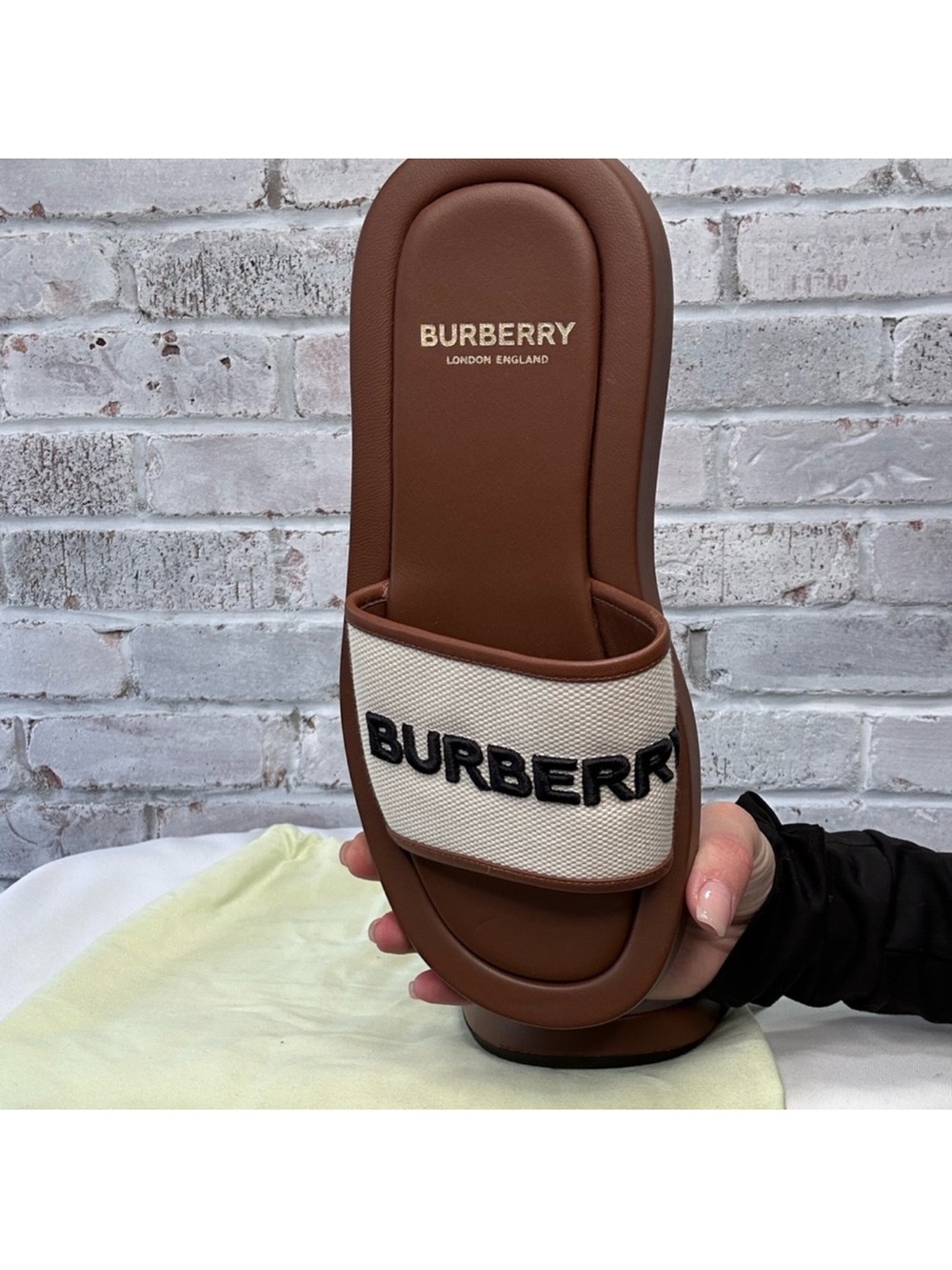 Burberry Brown Slide Sandal with Cream Strap and Black Logo
